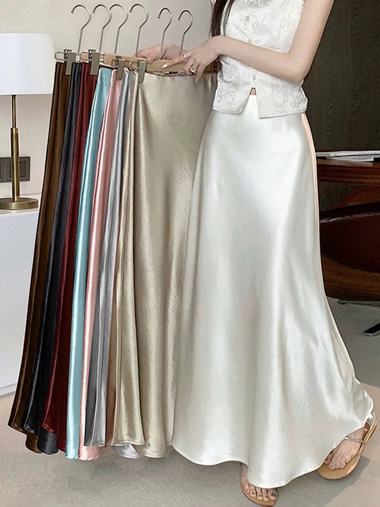 High-grade acetate satin fishtail skirt for women in summer, small and tall, slim, drapey A-line hip-wrapped long skirt