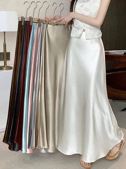 High-grade acetate satin fishtail skirt for women in summer, small and tall, slim, drapey A-line hip-wrapped long skirt