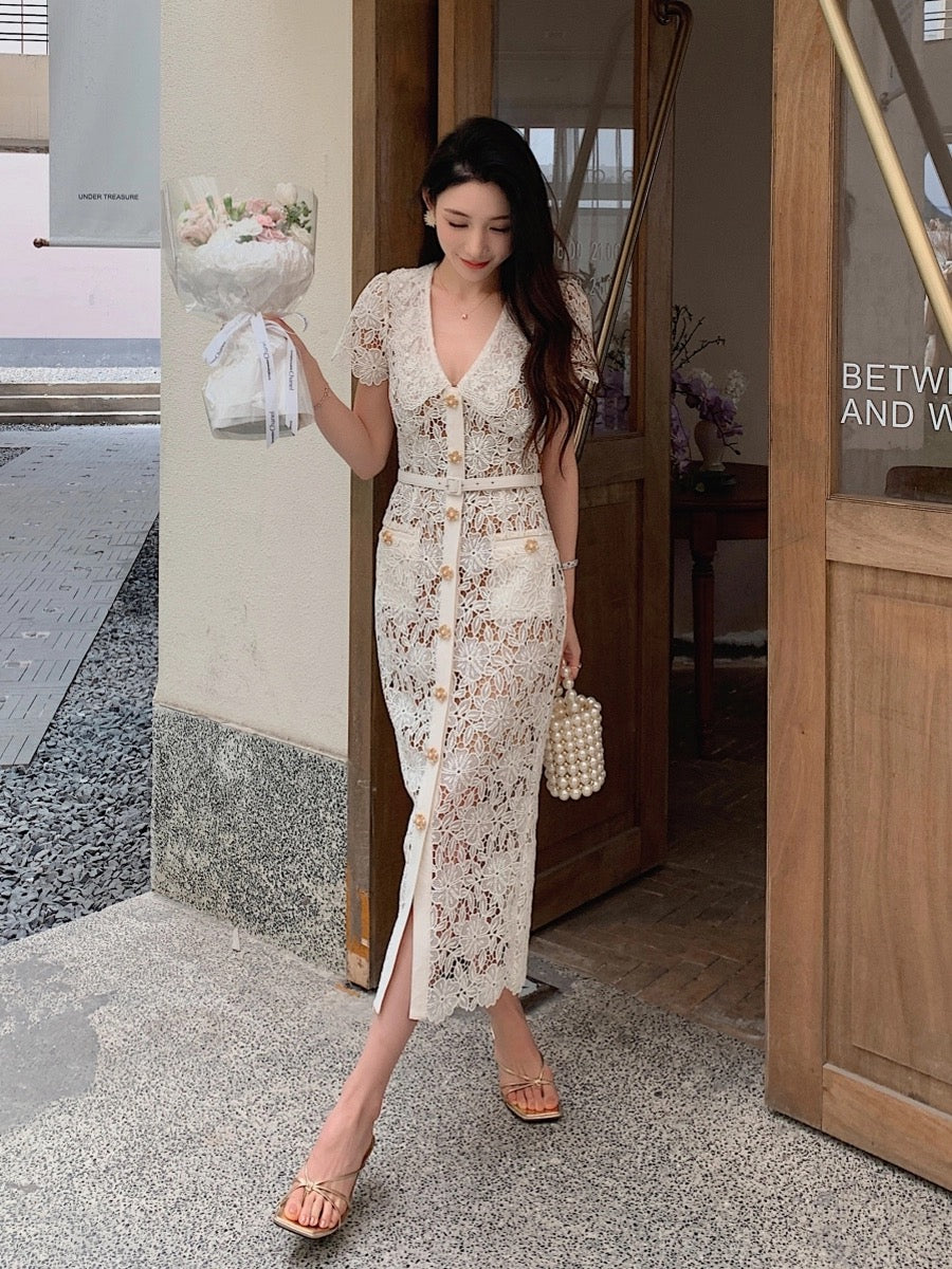 Summer new heavy lace temperament gentle short-sleeved lapel slim dress women's high-end niche straight long skirt