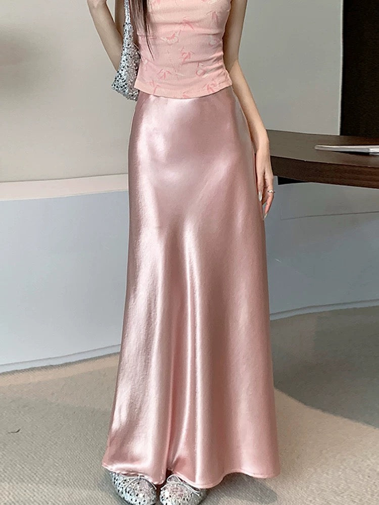 High-grade acetate satin fishtail skirt for women in summer, small and tall, slim, drapey A-line hip-wrapped long skirt