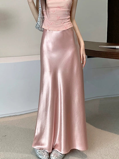 High-grade acetate satin fishtail skirt for women in summer, small and tall, slim, drapey A-line hip-wrapped long skirt