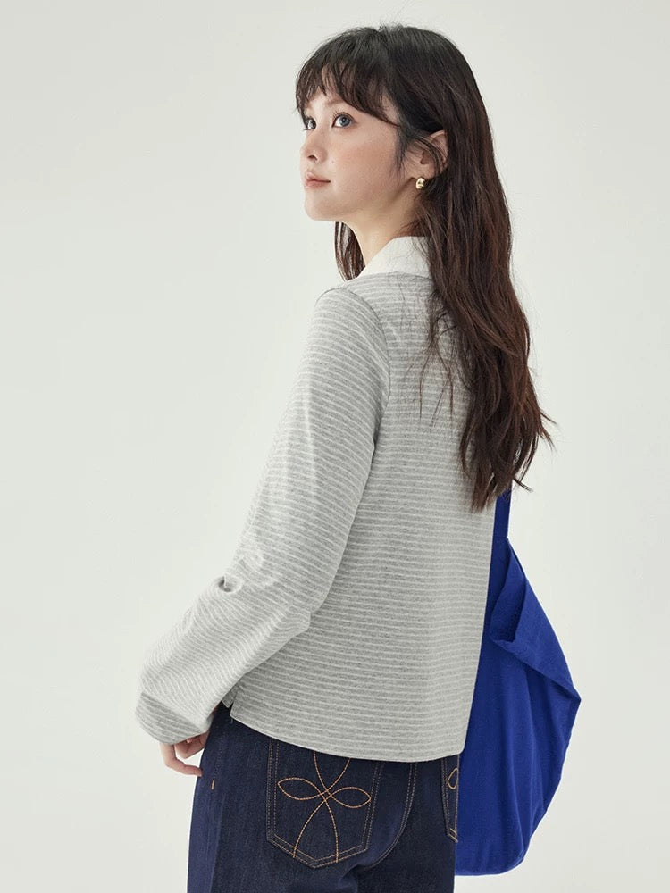 "Kitajima AMUU Original" gray striped polo half-open collar T-shirt women's autumn new loose long-sleeved top