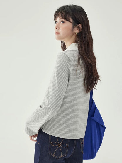 "Kitajima AMUU Original" gray striped polo half-open collar T-shirt women's autumn new loose long-sleeved top