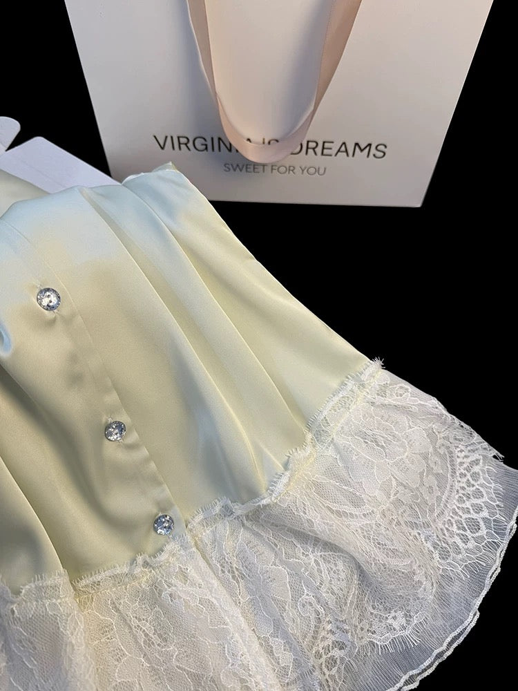 Spring and summer new style pure color ice silk pajamas women's long sleeve trousers lace lace sweet princess style home clothes two-piece set