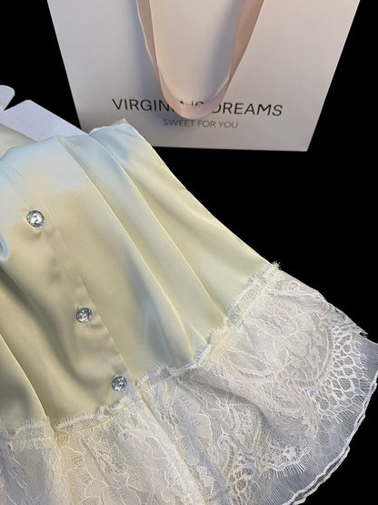 Spring and summer new style pure color ice silk pajamas women's long sleeve trousers lace lace sweet princess style home clothes two-piece set