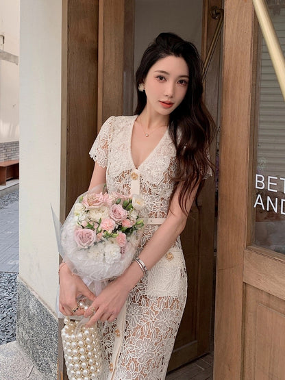 Summer new heavy lace temperament gentle short-sleeved lapel slim dress women's high-end niche straight long skirt