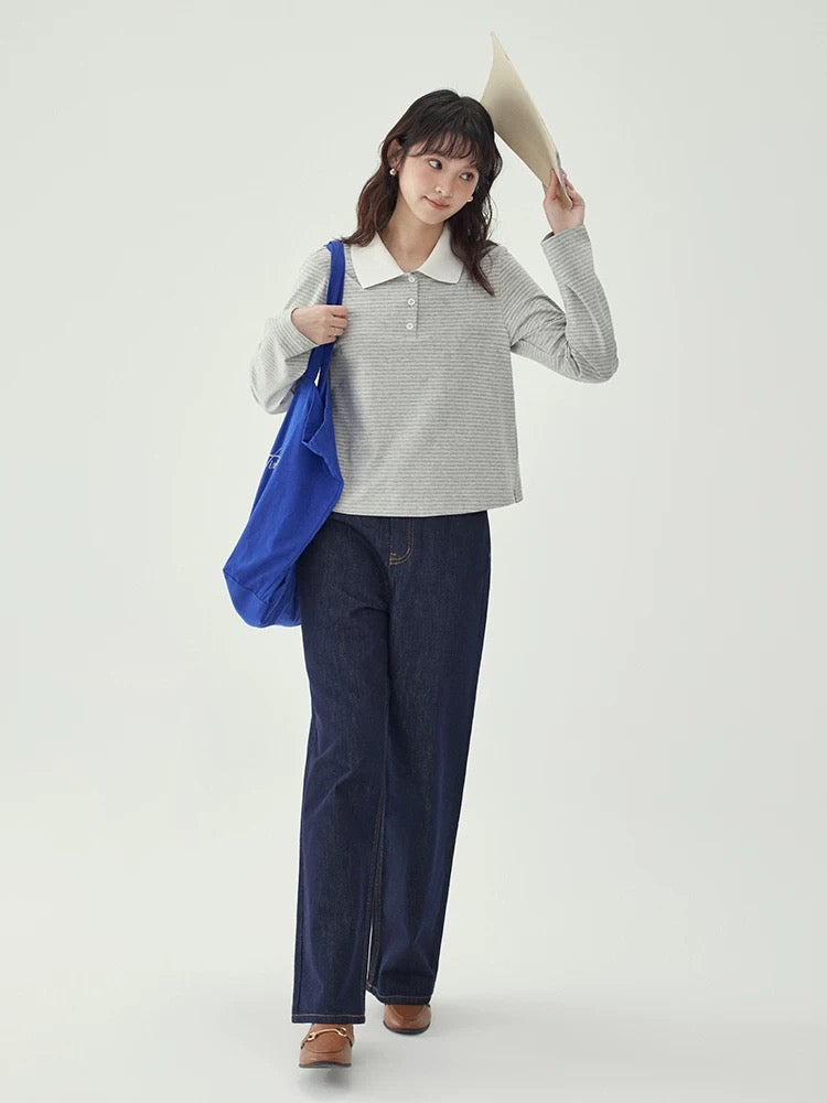 "Kitajima AMUU Original" gray striped polo half-open collar T-shirt women's autumn new loose long-sleeved top