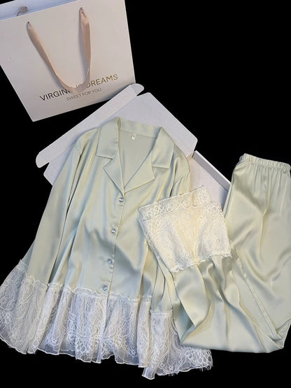 Spring and summer new style pure color ice silk pajamas women's long sleeve trousers lace lace sweet princess style home clothes two-piece set
