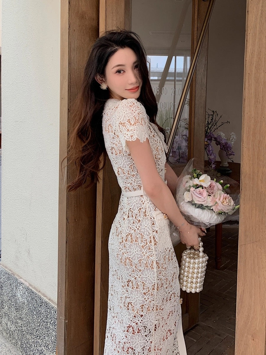 Summer new heavy lace temperament gentle short-sleeved lapel slim dress women's high-end niche straight long skirt