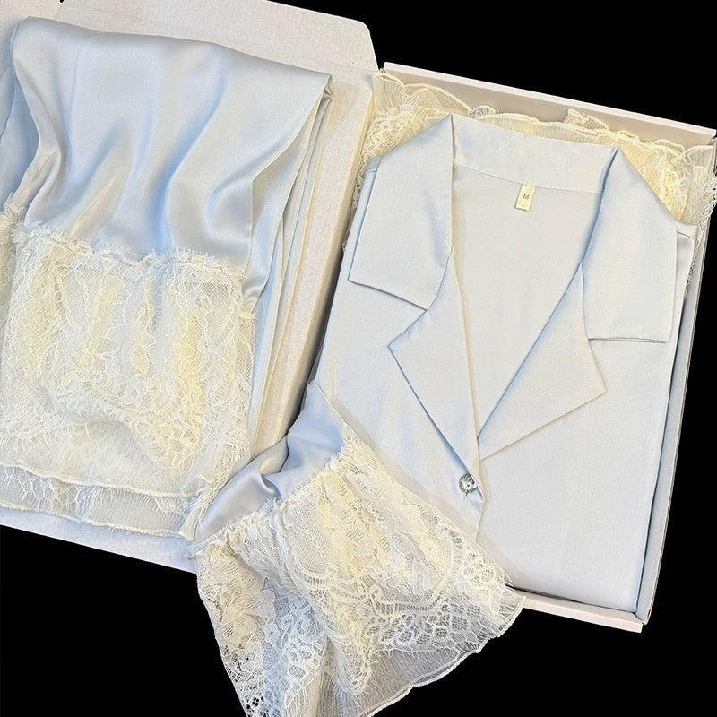 Spring and summer new style pure color ice silk pajamas women's long sleeve trousers lace lace sweet princess style home clothes two-piece set