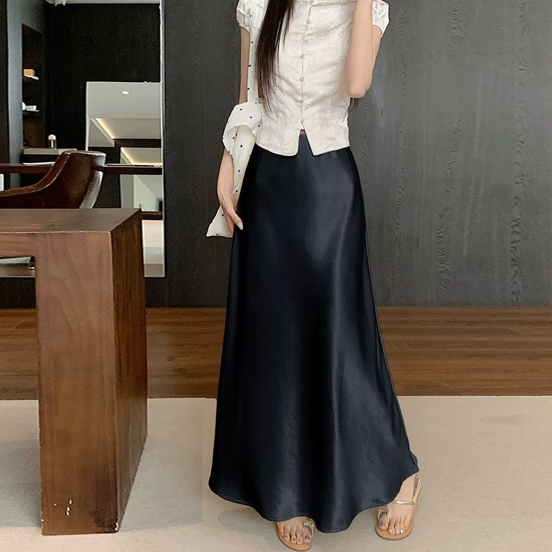 High-grade acetate satin fishtail skirt for women in summer, small and tall, slim, drapey A-line hip-wrapped long skirt