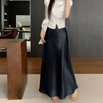 High-grade acetate satin fishtail skirt for women in summer, small and tall, slim, drapey A-line hip-wrapped long skirt
