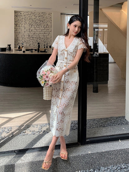 Summer new heavy lace temperament gentle short-sleeved lapel slim dress women's high-end niche straight long skirt