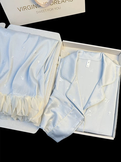 Qianjinfeng new style ice silk pajamas for women in spring and autumn long sleeves sweet butterfly lace can be worn outside home clothes suit