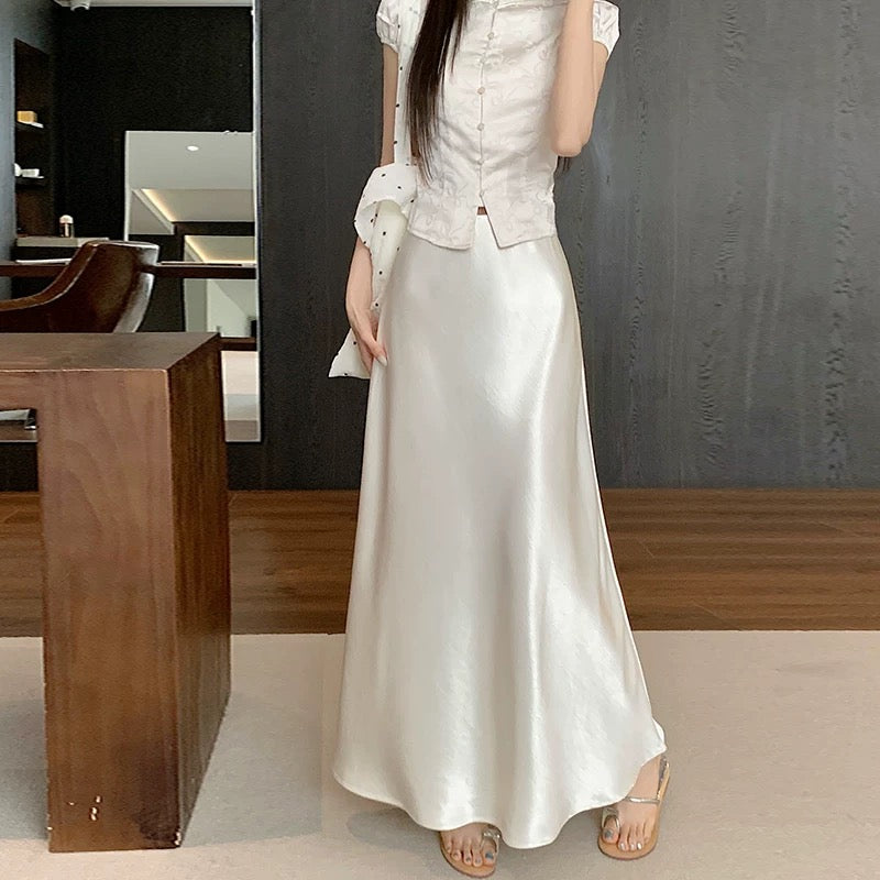 High-grade acetate satin fishtail skirt for women in summer, small and tall, slim, drapey A-line hip-wrapped long skirt