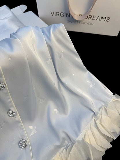 Qianjinfeng new style ice silk pajamas for women in spring and autumn long sleeves sweet butterfly lace can be worn outside home clothes suit