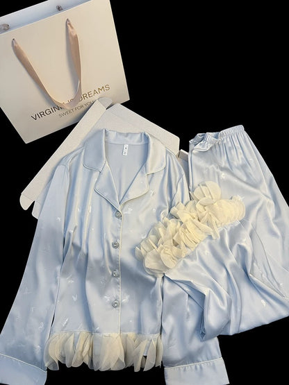 Qianjinfeng new style ice silk pajamas for women in spring and autumn long sleeves sweet butterfly lace can be worn outside home clothes suit