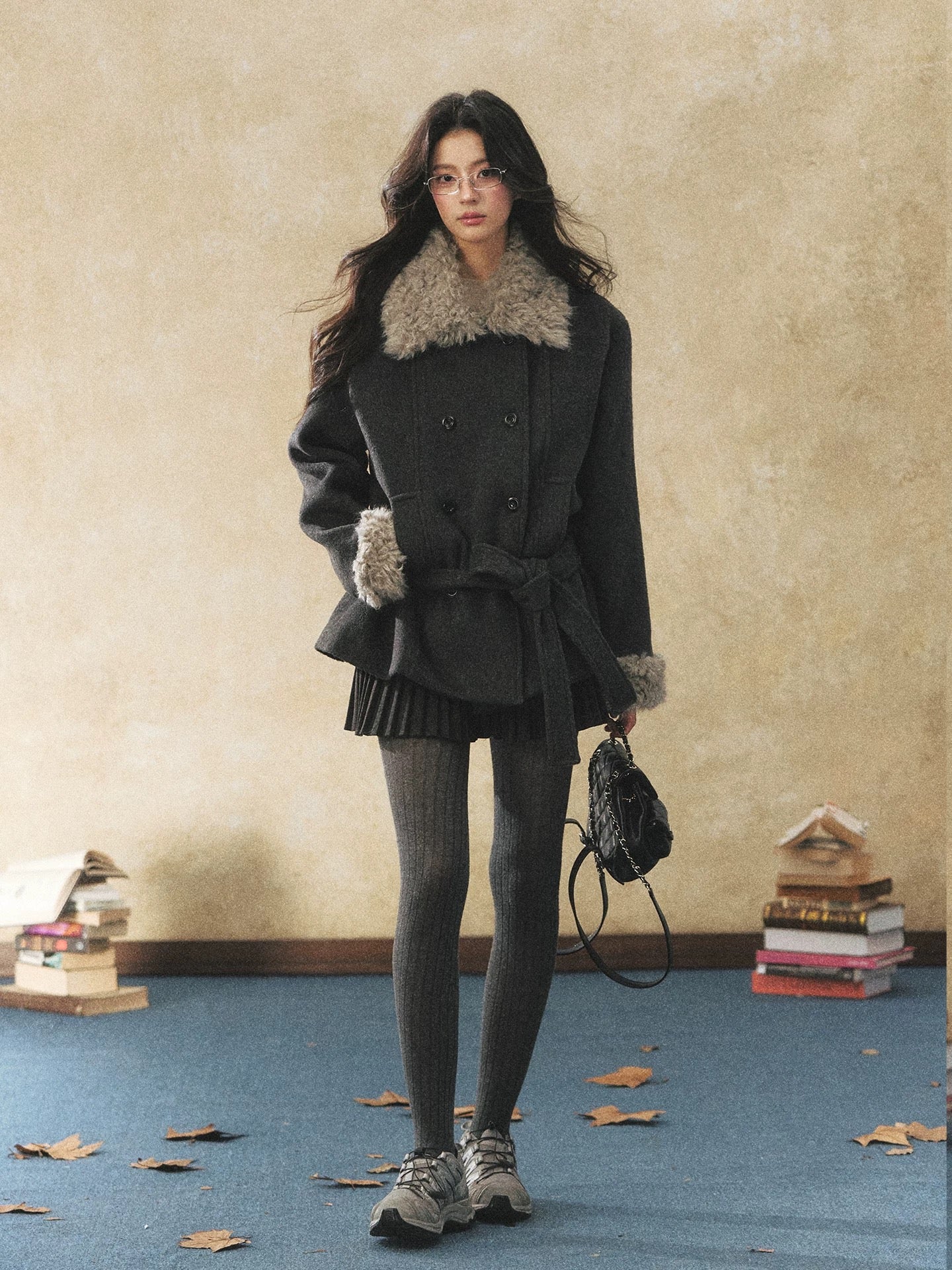 7Shiftin Original Design Korean Style Gray Wool Coat Winter Belted Waist Fitted Coat with Fur Collar