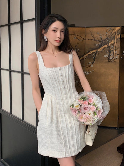 French style pure desire design slim waist milky white vest dress texture flower bud short skirt