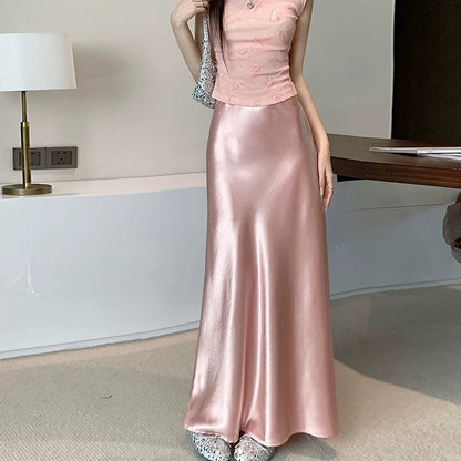 High-grade acetate satin fishtail skirt for women in summer, small and tall, slim, drapey A-line hip-wrapped long skirt