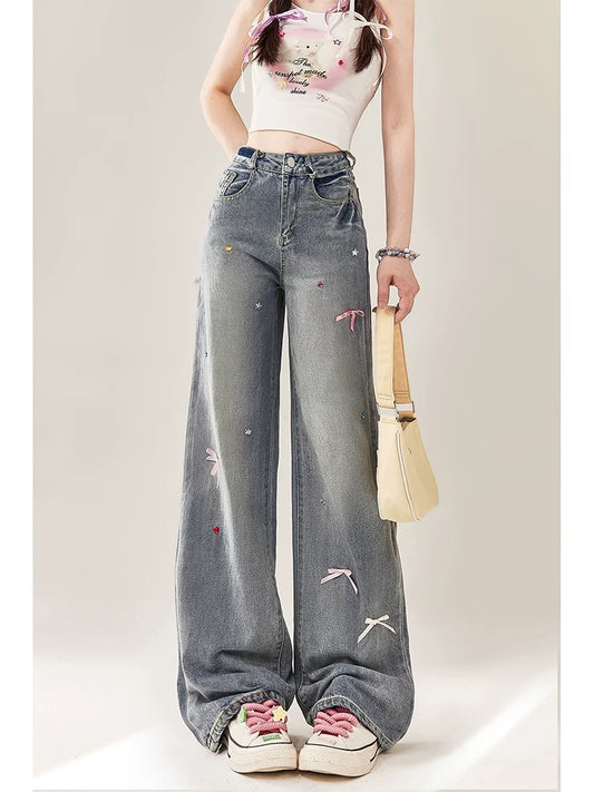 Retro bow straight-leg jeans for women in summer thin American-style small high-waisted wide-leg loose slimming pants