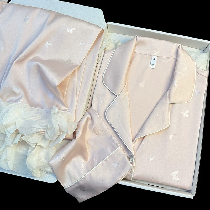 Qianjinfeng new style ice silk pajamas for women in spring and autumn long sleeves sweet butterfly lace can be worn outside home clothes suit