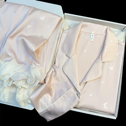 Qianjinfeng new style ice silk pajamas for women in spring and autumn long sleeves sweet butterfly lace can be worn outside home clothes suit