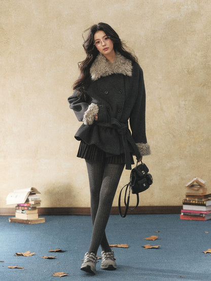 7Shiftin Original Design Korean Style Gray Wool Coat Winter Belted Waist Fitted Coat with Fur Collar
