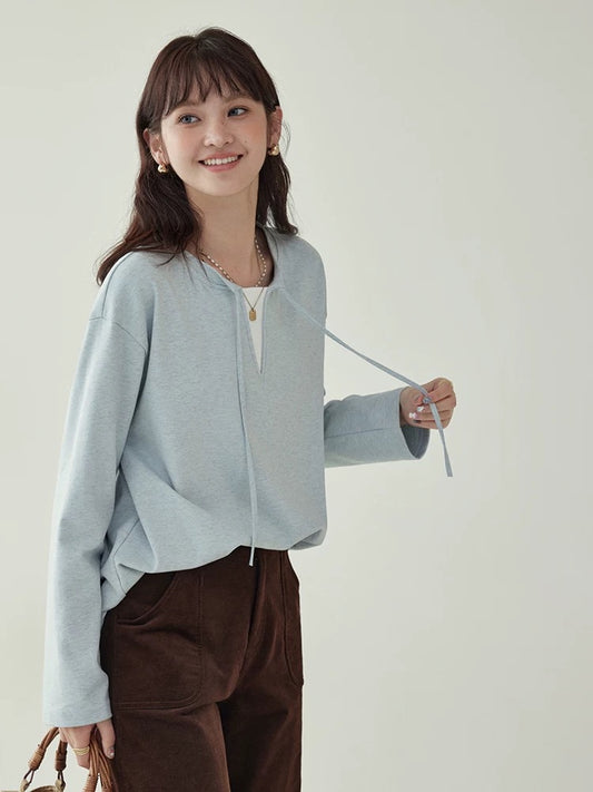 "North Island AMUU" blue strap fake two-piece long-sleeved T-shirt female autumn high-end feeling super good-looking loose top
