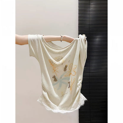 Korean-style sweet and spicy printed asymmetric-neck short-sleeve T-shirt for women; new summer arrival featuring a lace hem, waist-cinching fit, and a stylish, flattering look.