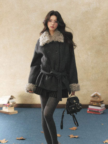 7Shiftin Original Design Korean Style Gray Wool Coat Winter Belted Waist Fitted Coat with Fur Collar