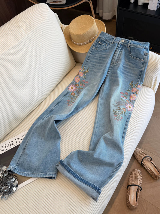 Light blue floral embroidered high-waisted straight-leg jeans for women, new summer 2026 style, flattering wide-leg pants.