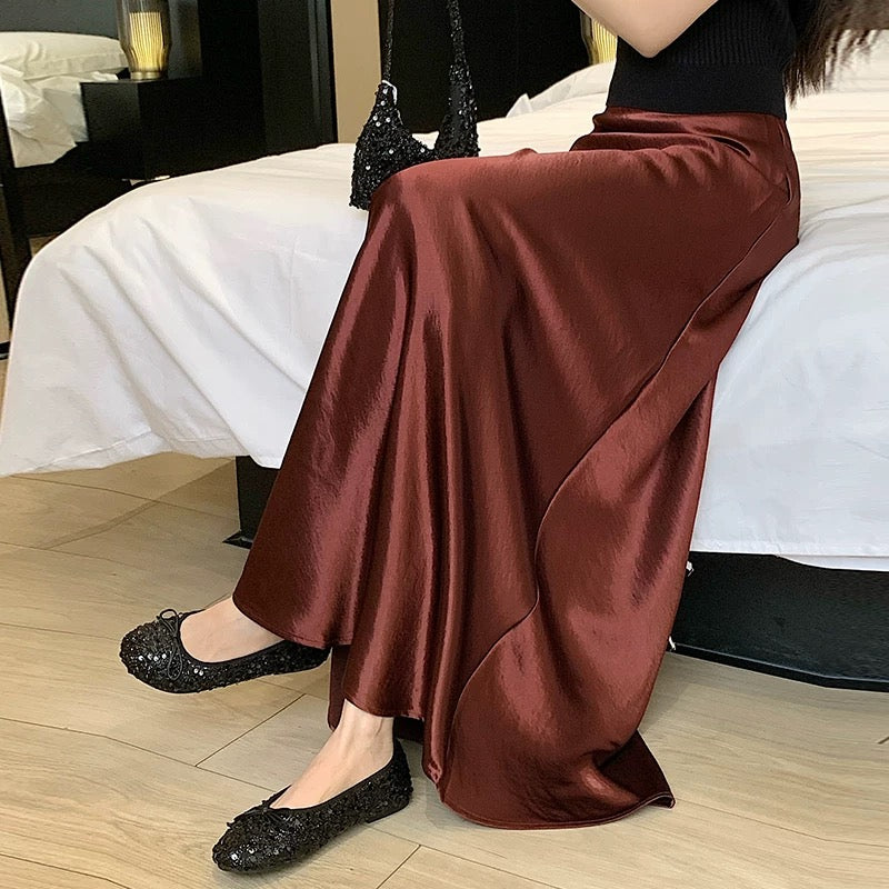 High-grade acetate satin fishtail skirt for women in summer, small and tall, slim, drapey A-line hip-wrapped long skirt