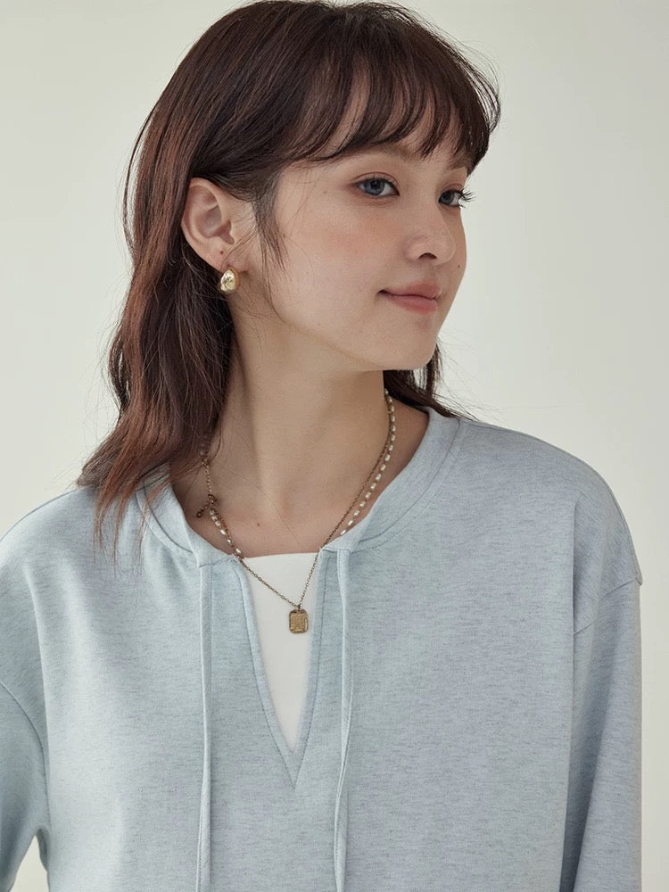 "North Island AMUU" blue strap fake two-piece long-sleeved T-shirt female autumn high-end feeling super good-looking loose top
