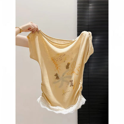 Korean-style sweet and spicy printed asymmetric-neck short-sleeve T-shirt for women; new summer arrival featuring a lace hem, waist-cinching fit, and a stylish, flattering look.