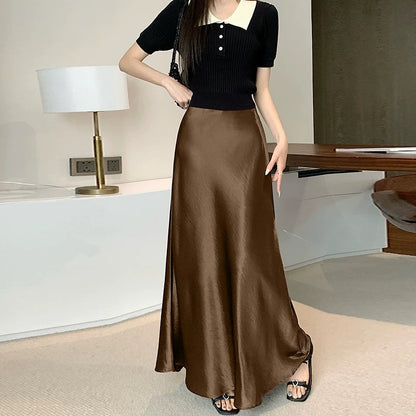 High-grade acetate satin fishtail skirt for women in summer, small and tall, slim, drapey A-line hip-wrapped long skirt