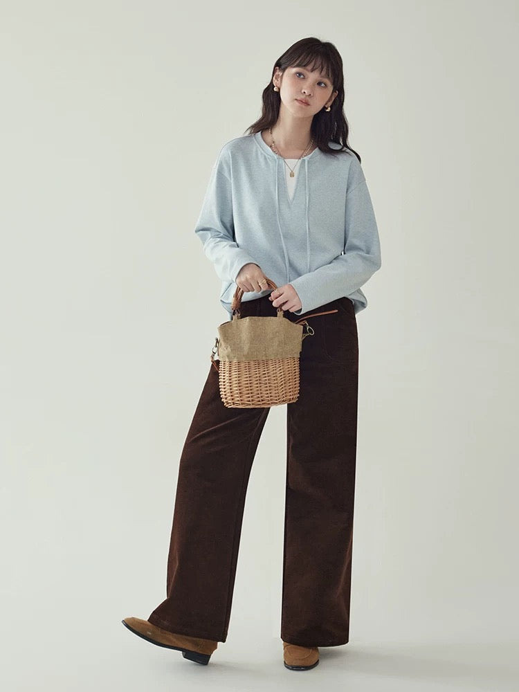 "North Island AMUU" blue strap fake two-piece long-sleeved T-shirt female autumn high-end feeling super good-looking loose top