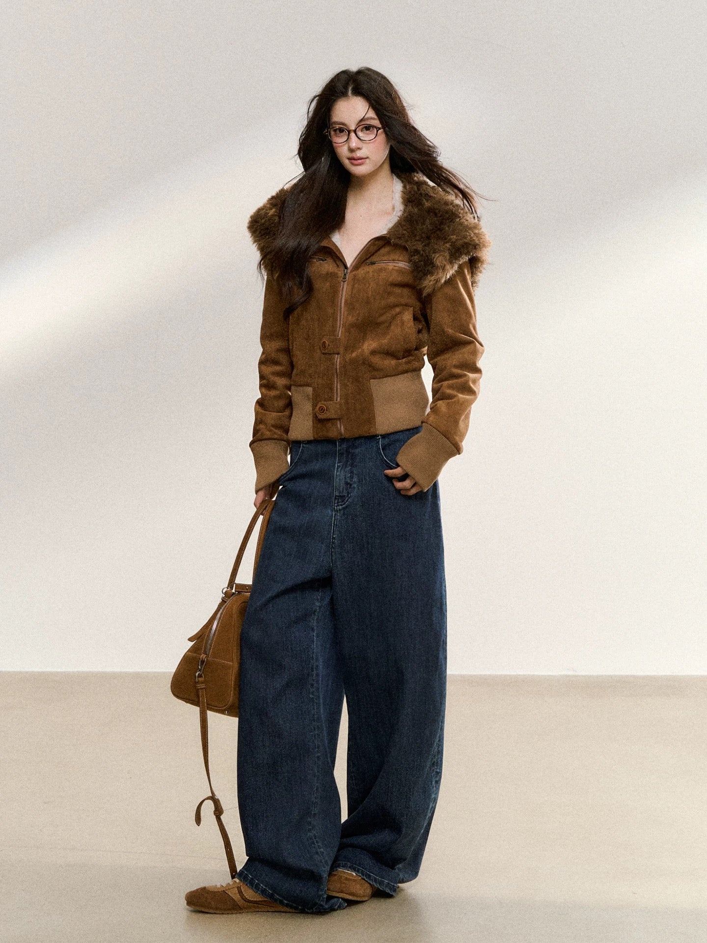 7Shiftin Original Autumn/Winter Slim Fit Short Jacket with Merard Fur Collar and Suede Trim