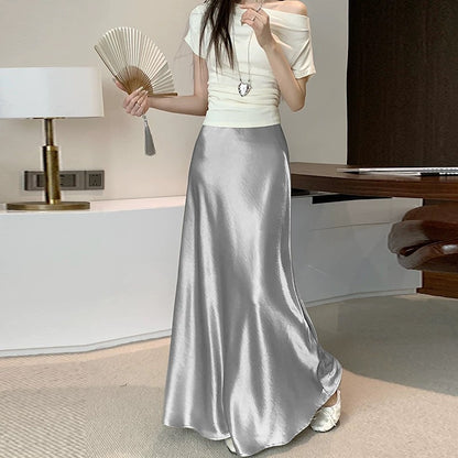 High-grade acetate satin fishtail skirt for women in summer, small and tall, slim, drapey A-line hip-wrapped long skirt