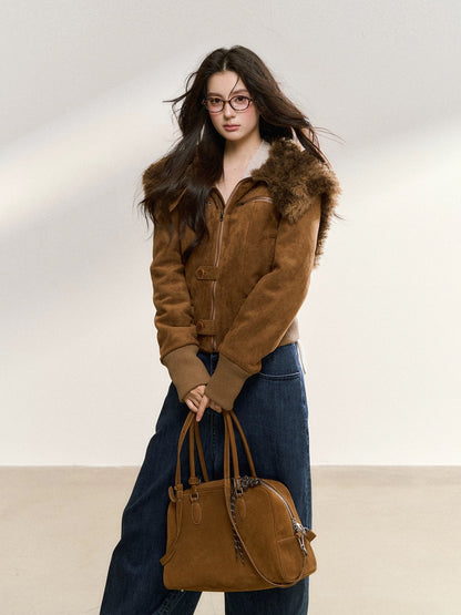7Shiftin Original Autumn/Winter Slim Fit Short Jacket with Merard Fur Collar and Suede Trim