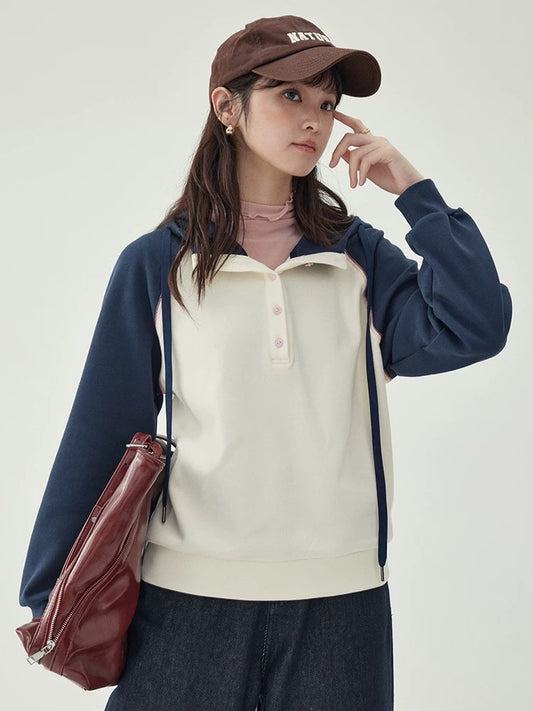 "Kitajima AMUU Original" contrasting color raglan long-sleeved hooded sweatshirt T-shirt female 25 autumn new age-reducing top