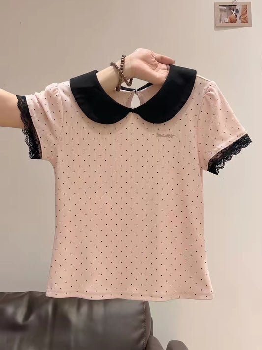 Women's Pink Polka-Dot Lace-Panel Peter Pan Collar Short-Sleeve T-Shirt – 2026 Summer New Arrival: Sweet-Yet-Edgy Slim-Fit Cropped Top