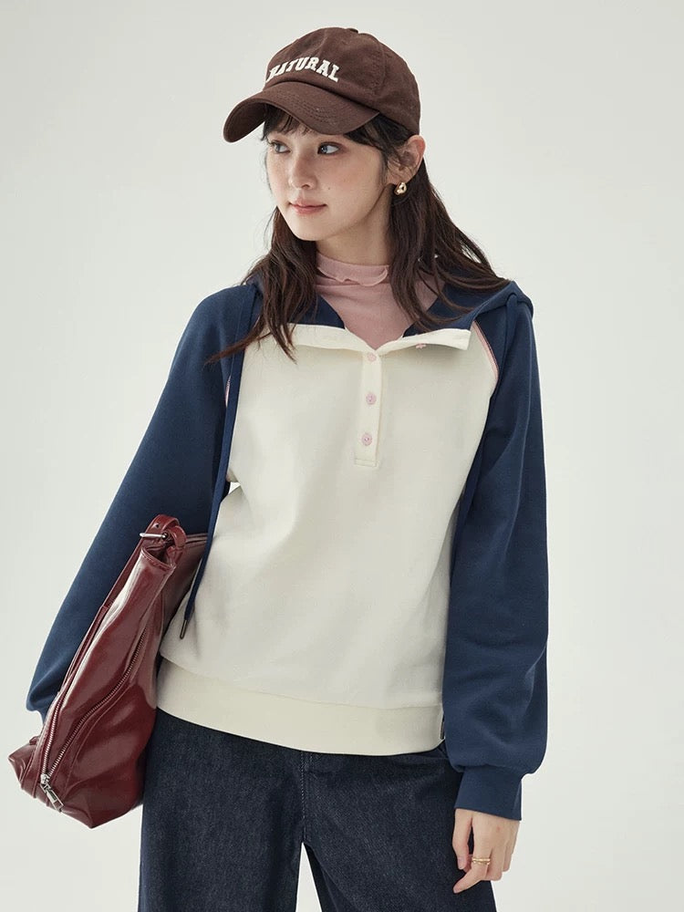 "Kitajima AMUU Original" contrasting color raglan long-sleeved hooded sweatshirt T-shirt female 25 autumn new age-reducing top