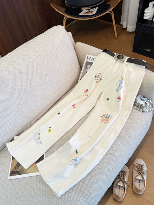 Blue cartoon print jeans with belt, new summer style for women, 2026. Unique and super stylish slim-fit straight leg pants.