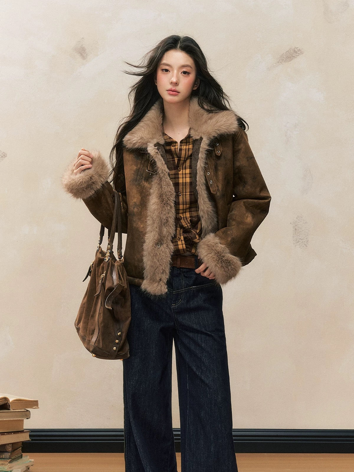 7Shiftin Original Design Autumn/Winter New American Retro Coat, Brown Slim Fit, Fur Trim Coat for Women