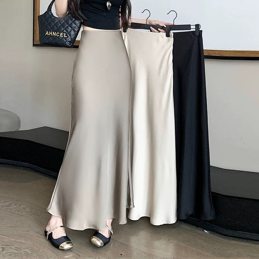 High-grade acetate satin skirt for women in summer, medium and long, small and drapey, A-line hip-wrapped fishtail long skirt