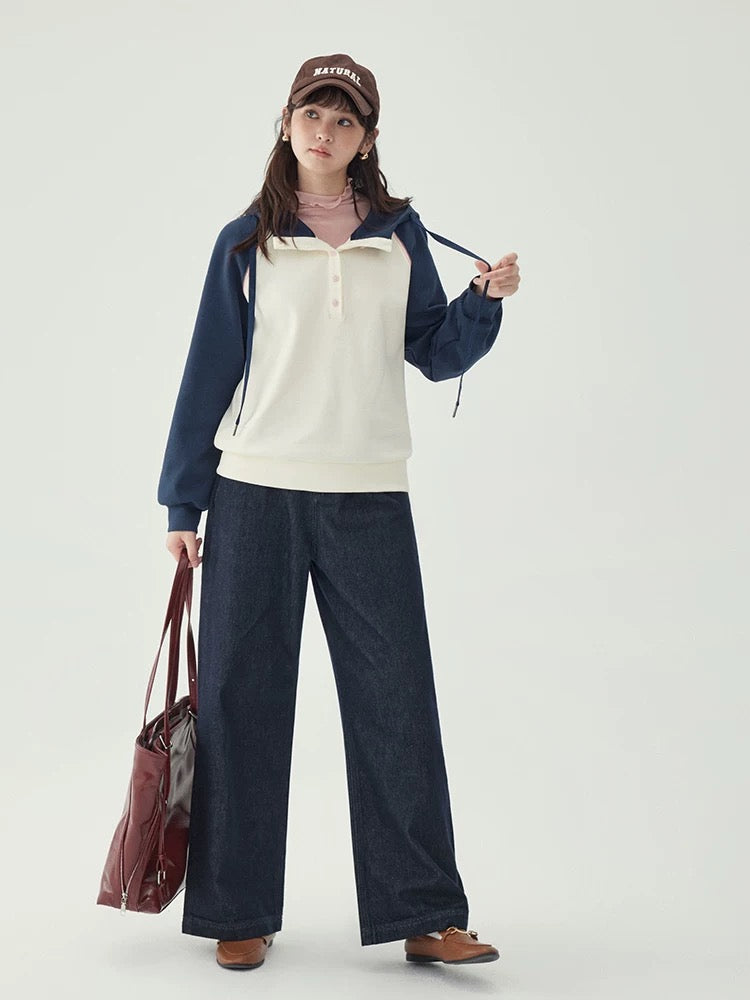 "Kitajima AMUU Original" contrasting color raglan long-sleeved hooded sweatshirt T-shirt female 25 autumn new age-reducing top
