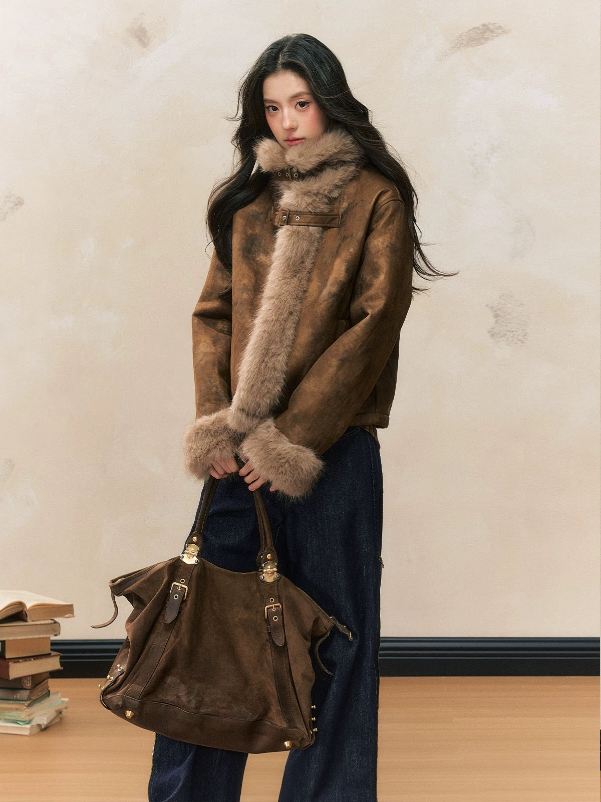 7Shiftin Original Design Autumn/Winter New American Retro Coat, Brown Slim Fit, Fur Trim Coat for Women