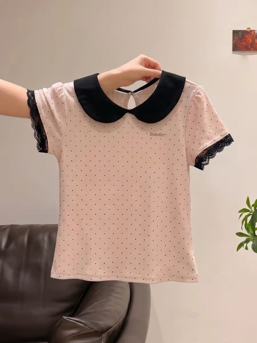 Women's Pink Polka-Dot Lace-Panel Peter Pan Collar Short-Sleeve T-Shirt – 2026 Summer New Arrival: Sweet-Yet-Edgy Slim-Fit Cropped Top