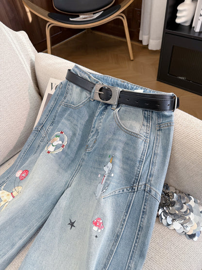 Blue cartoon print jeans with belt, new summer style for women, 2026. Unique and super stylish slim-fit straight leg pants.